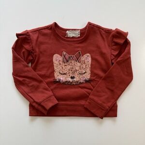 BTWEEN Long Sleeve Sequin Cat Sweater Girls 5 Ruffled Shoulders Kitty Bow‎